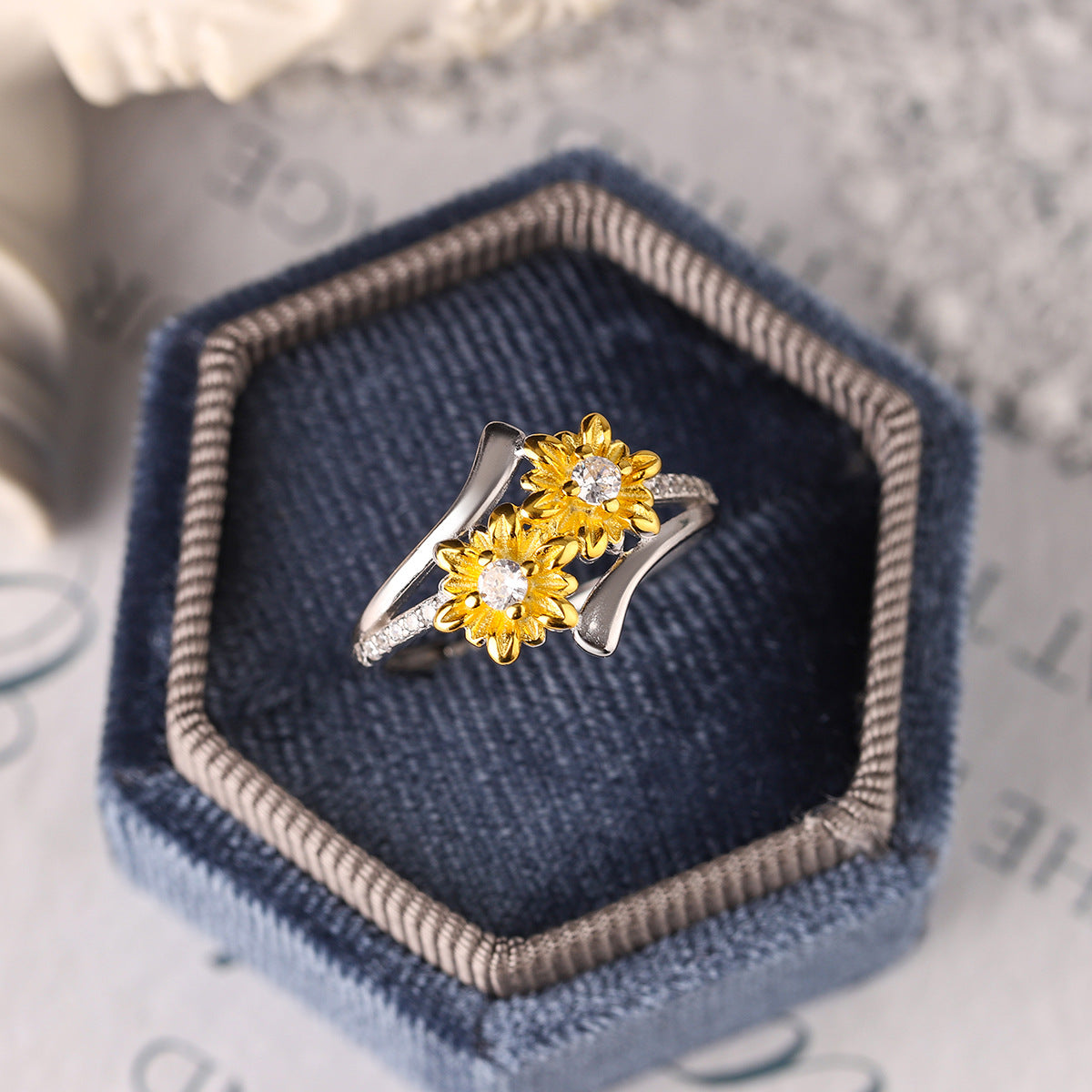 Sterling Silver Two-Tone Double Daisy Open Adjustable Ring