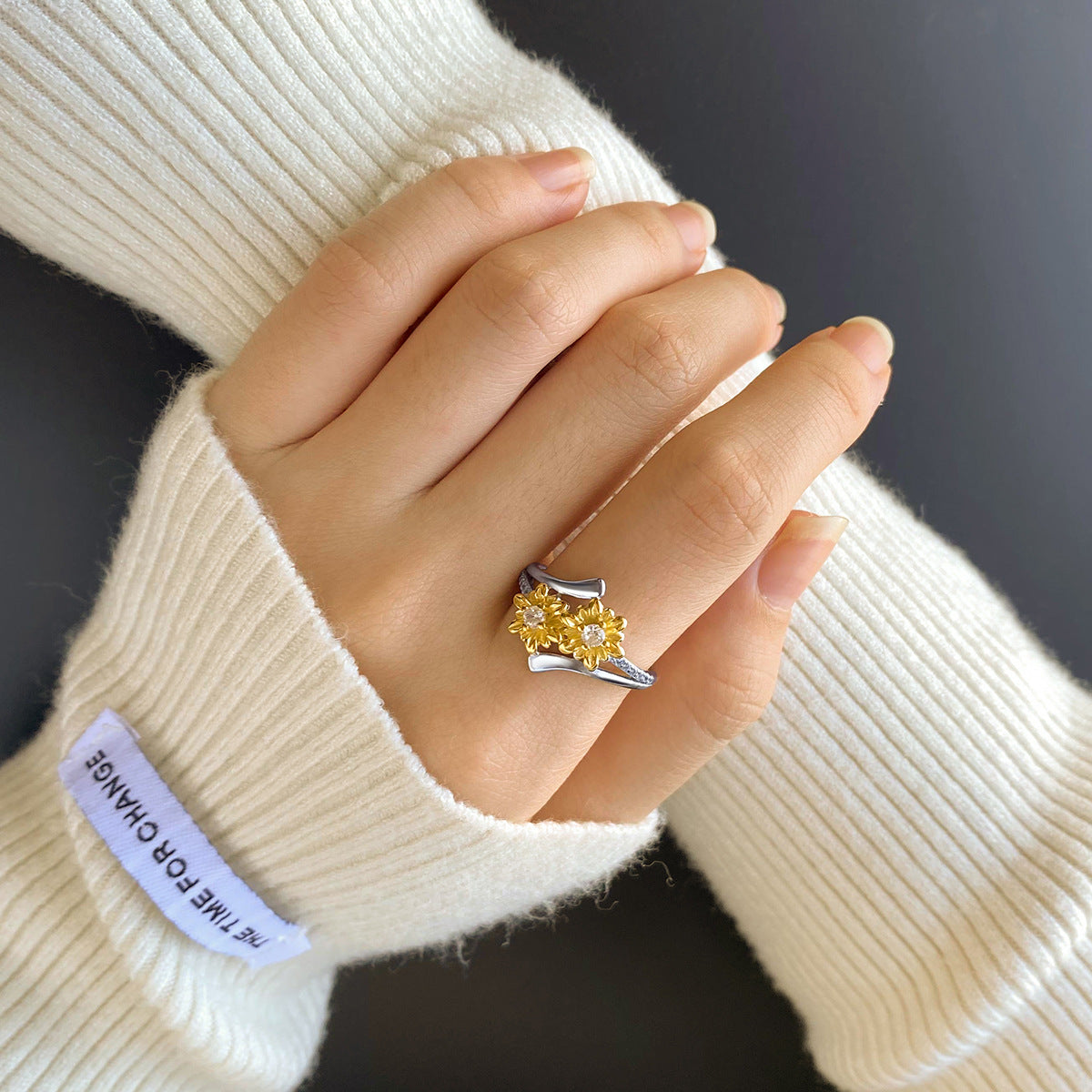 Sterling Silver Two-Tone Double Daisy Open Adjustable Ring