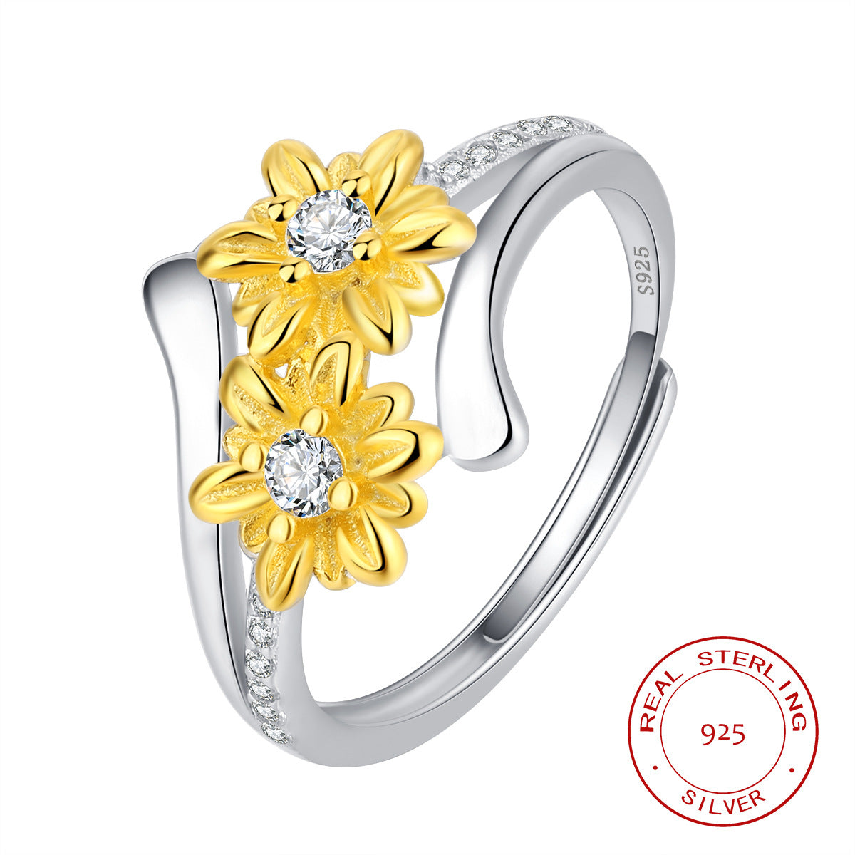Sterling Silver Two-Tone Double Daisy Open Adjustable Ring