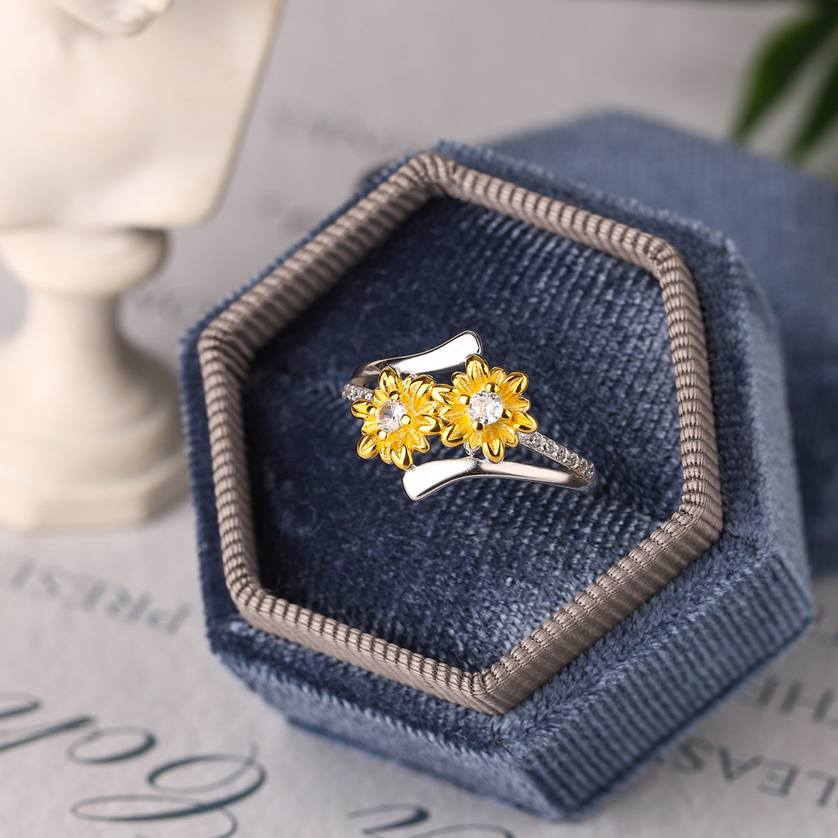 Sterling Silver Two-Tone Double Daisy Open Adjustable Ring