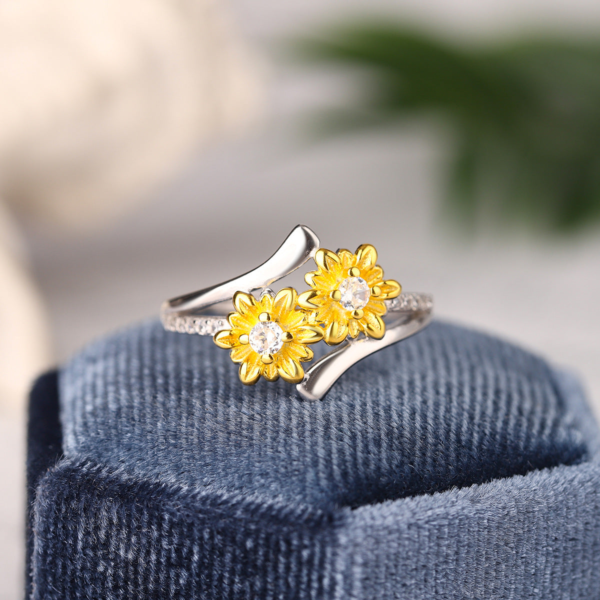 Sterling Silver Two-Tone Double Daisy Open Adjustable Ring