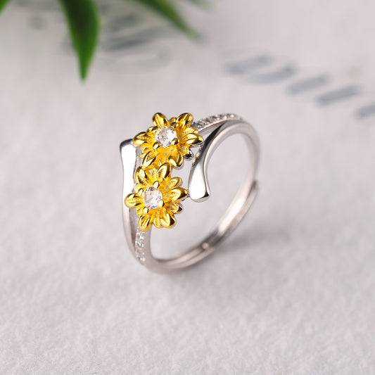 Sterling Silver Two-Tone Double Daisy Open Adjustable Ring