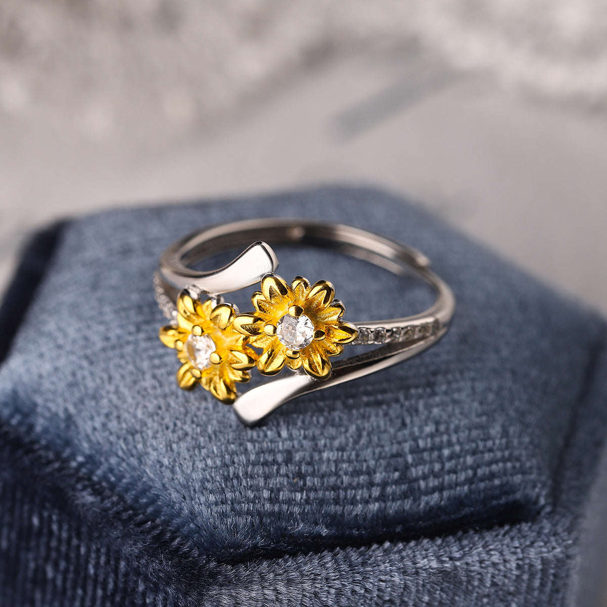Sterling Silver Two-Tone Double Daisy Open Adjustable Ring