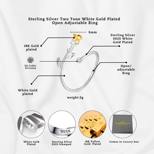 Sterling Silver Two-Tone Rosebud Open Adjustable Ring
