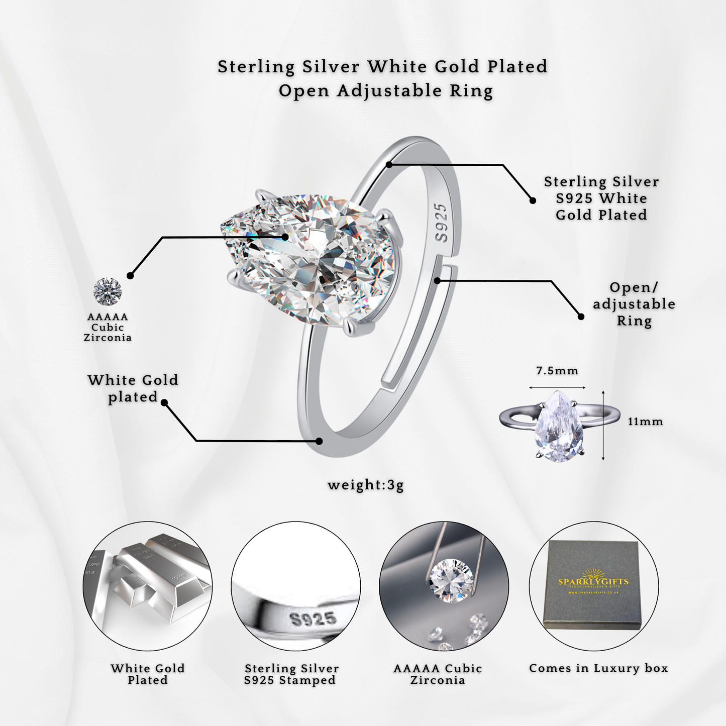 S925 Sterling Silver Pear Cut Solitaire C/Z Open Adjustable Ring