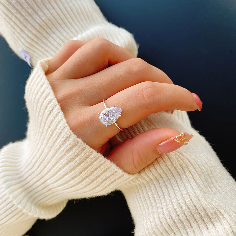 S925 Sterling Silver Pear Cut Solitaire C/Z Open Adjustable Ring