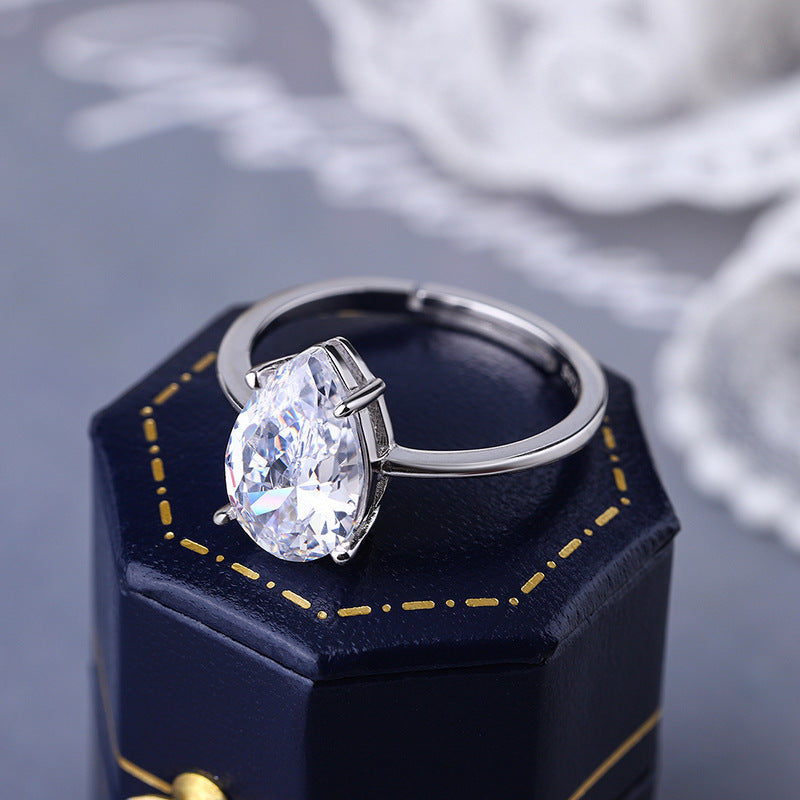 S925 Sterling Silver Pear Cut Solitaire C/Z Open Adjustable Ring
