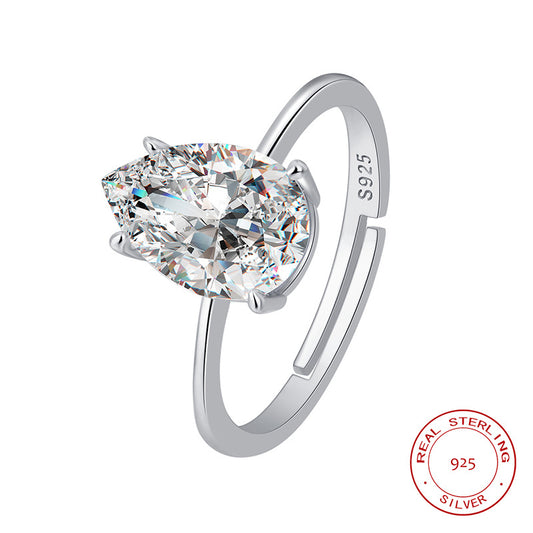 S925 Sterling Silver Pear Cut Solitaire C/Z Open Adjustable Ring