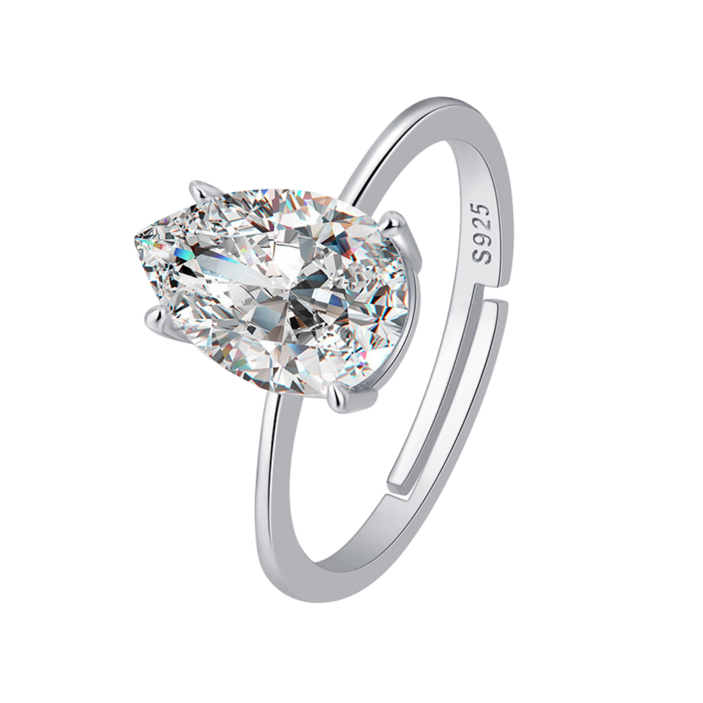 S925 Sterling Silver Pear Cut Solitaire C/Z Open Adjustable Ring