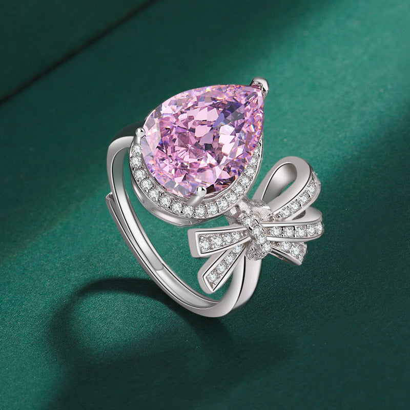 Sterling Silver Pink Pear & Bow C/Z Open Adjustable Ring