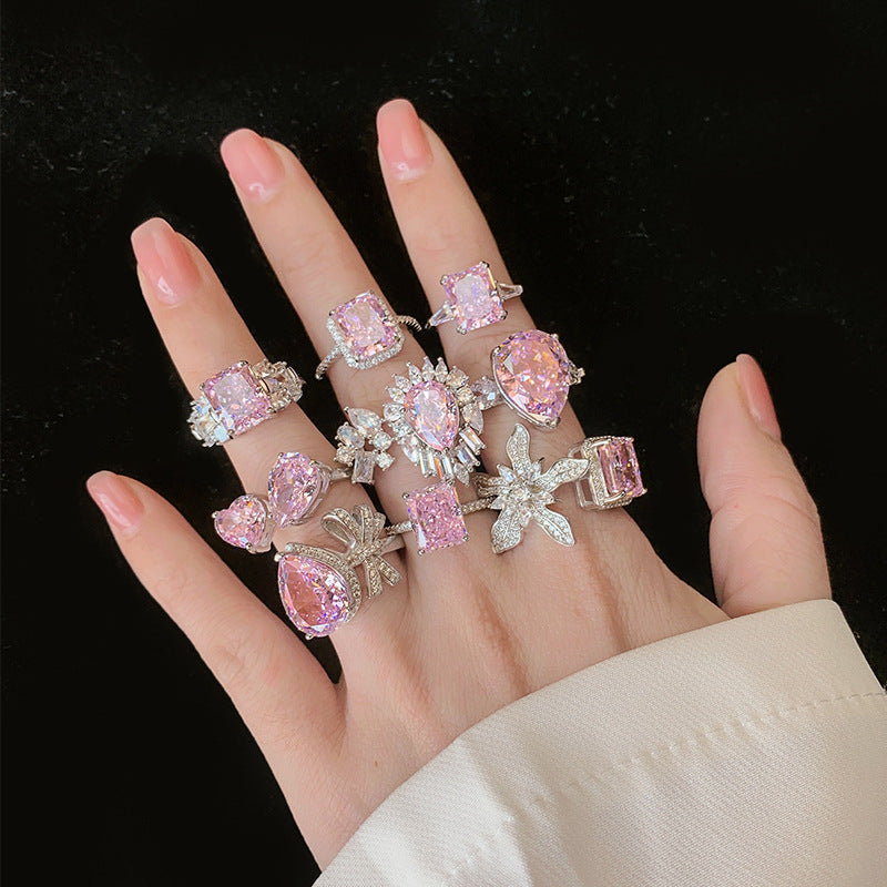Sterling Silver Pink Pear & Bow C/Z Open Adjustable Ring