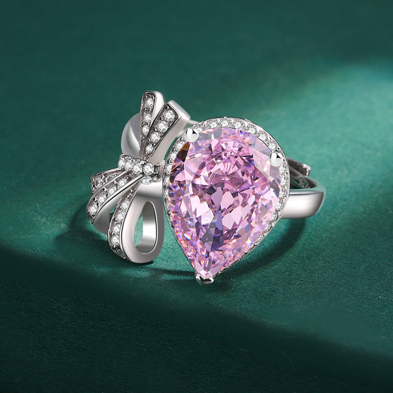 Sterling Silver Pink Pear & Bow C/Z Open Adjustable Ring