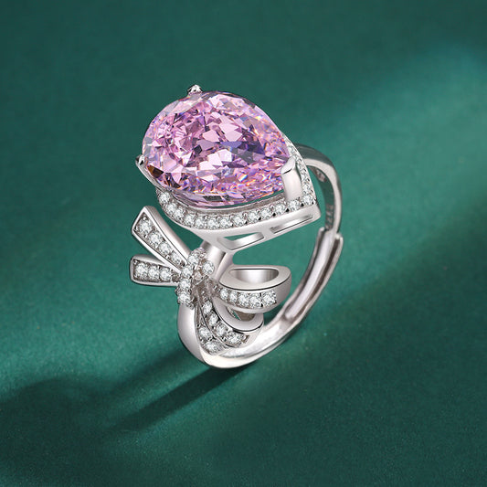 Sterling Silver Pink Pear & Bow C/Z Open Adjustable Ring