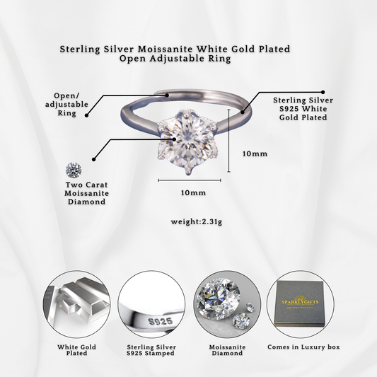 Sterling Silver Classic Moissanite Solitaire Ring Two carat Open Adjustable Ring