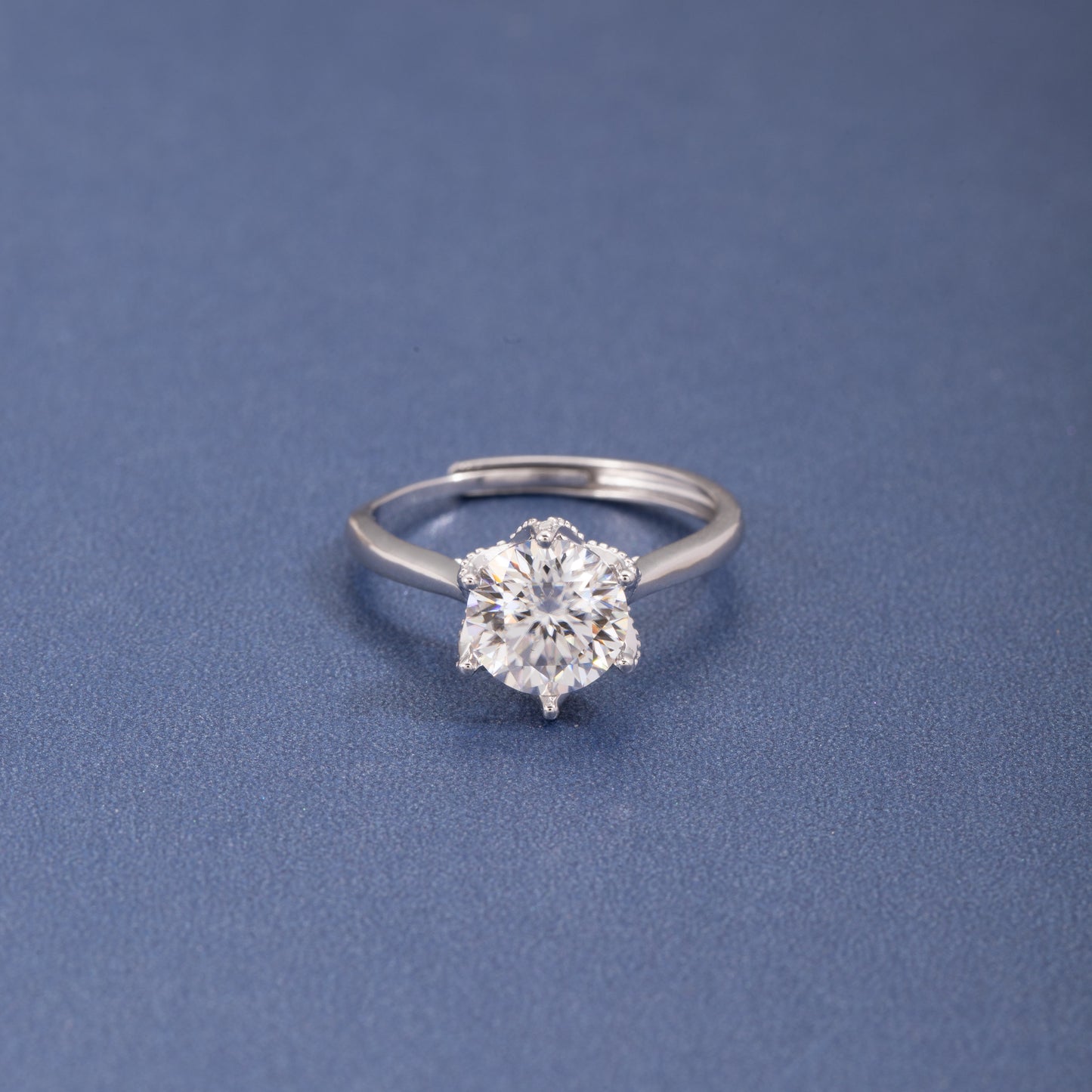 Sterling Silver Classic Moissanite Solitaire Ring Two carat Open Adjustable Ring