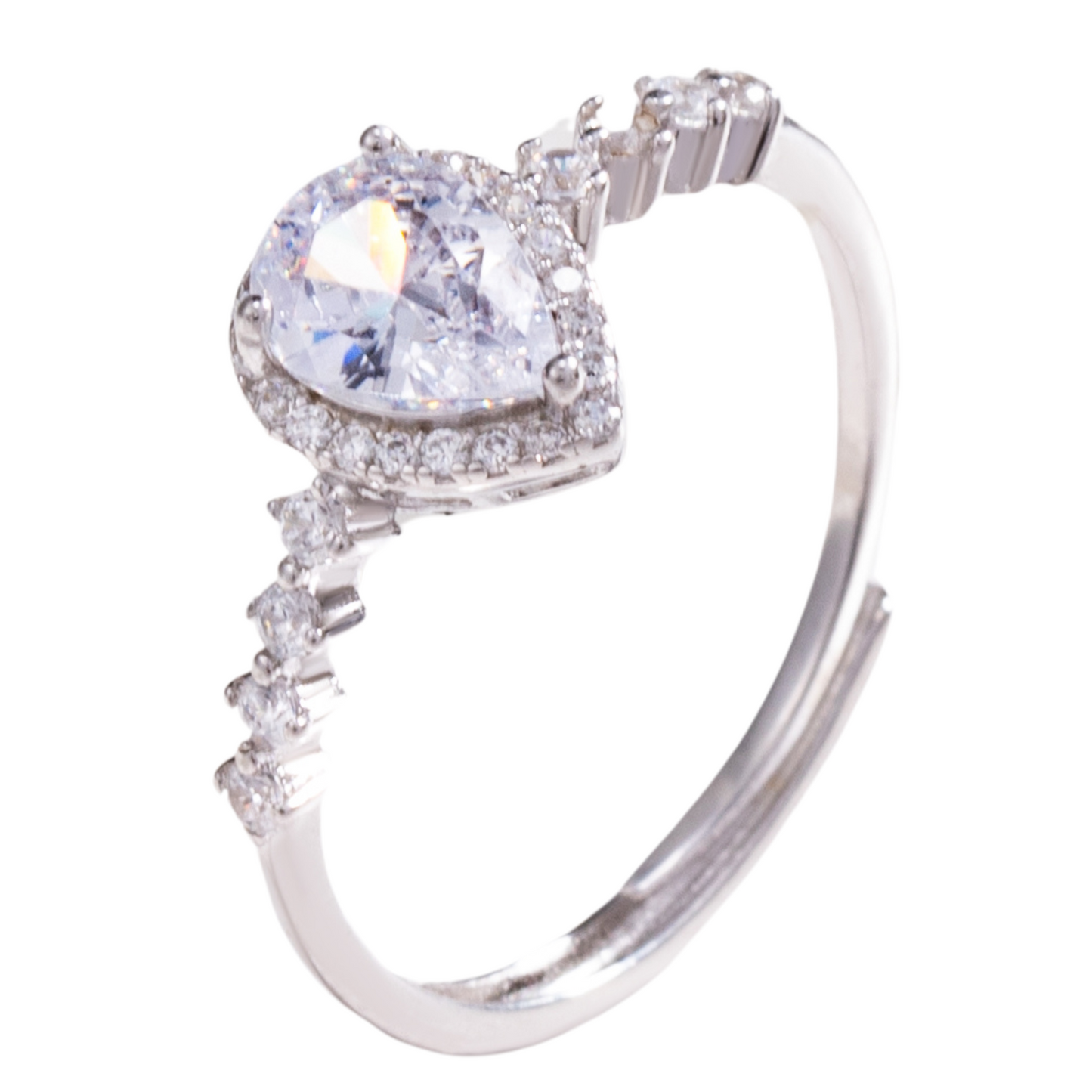 Sterling Silver Pear Halo C/Z Open Adjustable Ring