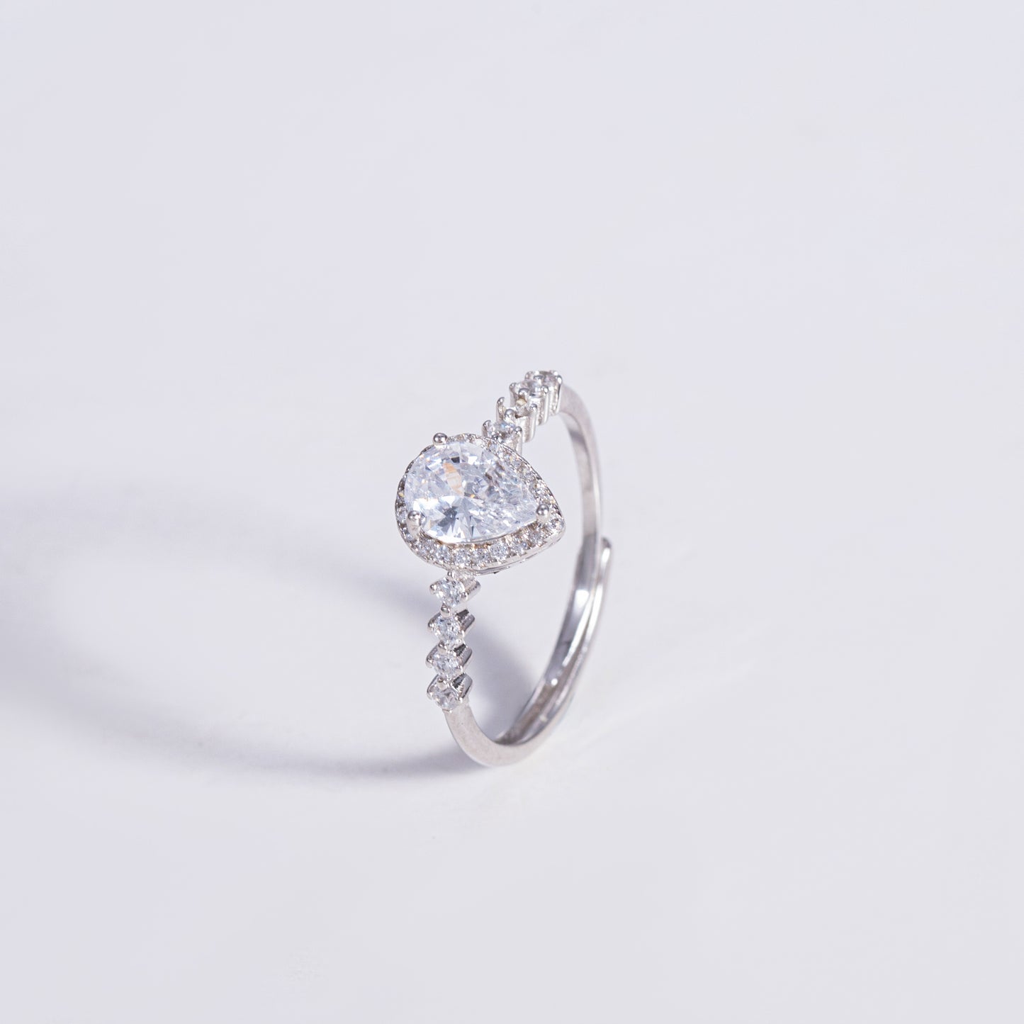Sterling Silver Pear Halo C/Z Open Adjustable Ring