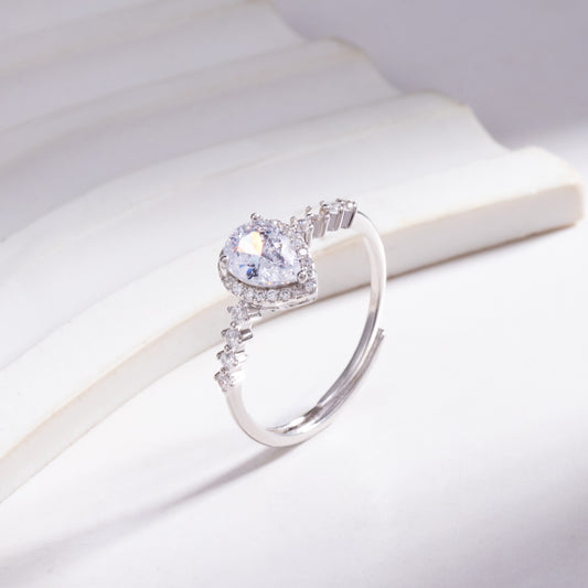 Sterling Silver Pear Halo C/Z Open Adjustable Ring