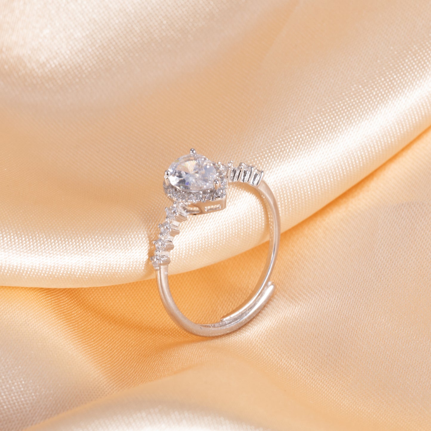 Sterling Silver Pear Halo C/Z Open Adjustable Ring