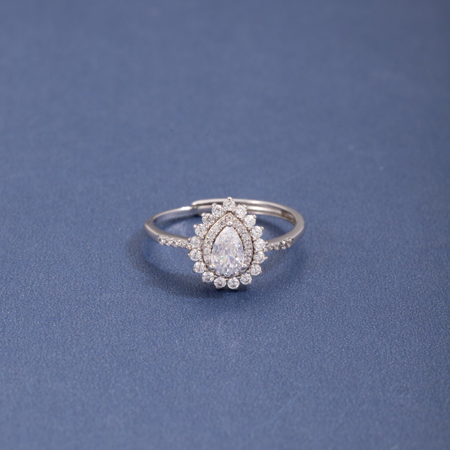 Sterling Silver Elegant Pear Double Halo C/Z Open Adjustable Ring