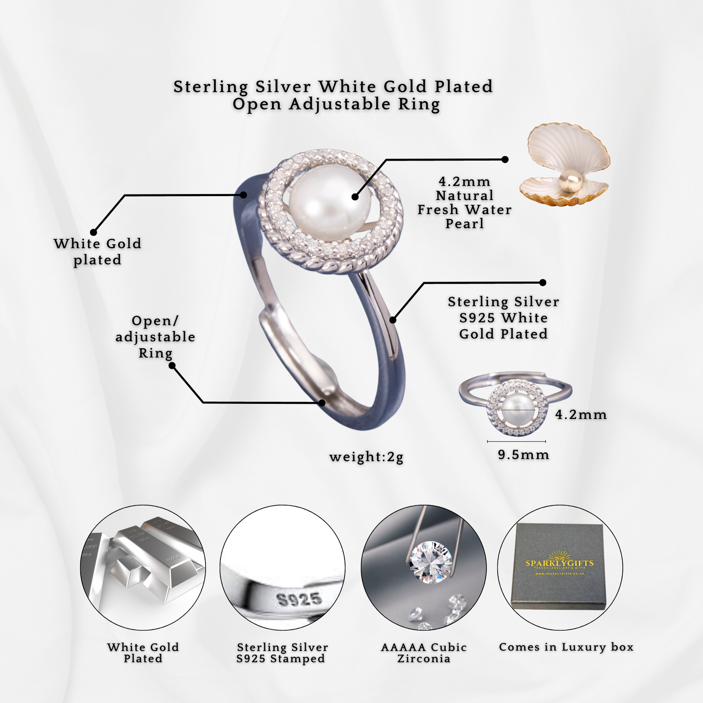 S925 Sterling Silver Freshwater Pearl C/Z Halo Open Adjustable Ring