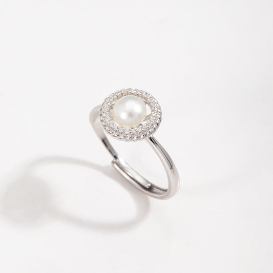 S925 Sterling Silver Freshwater Pearl C/Z Halo Open Adjustable Ring