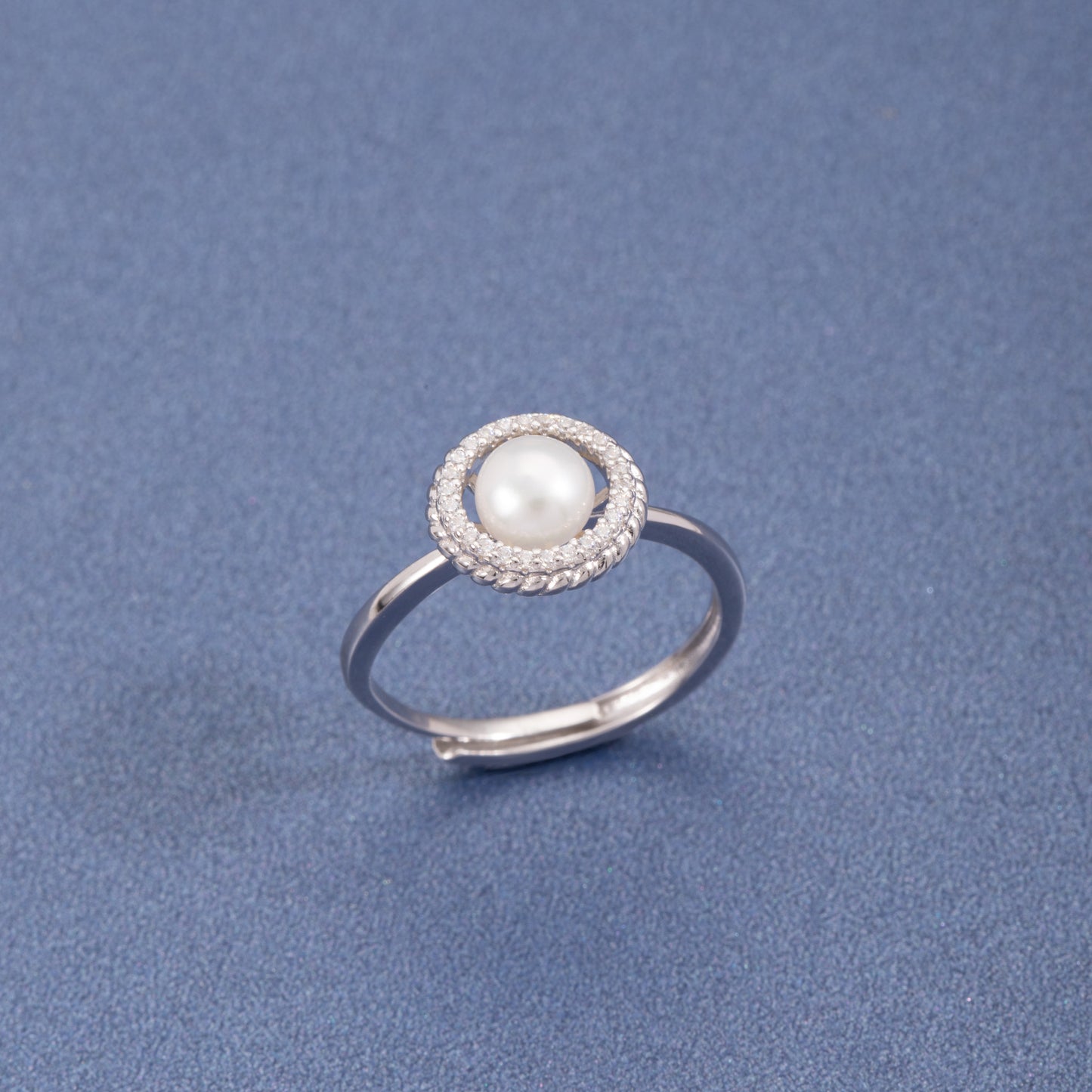 S925 Sterling Silver Freshwater Pearl C/Z Halo Open Adjustable Ring
