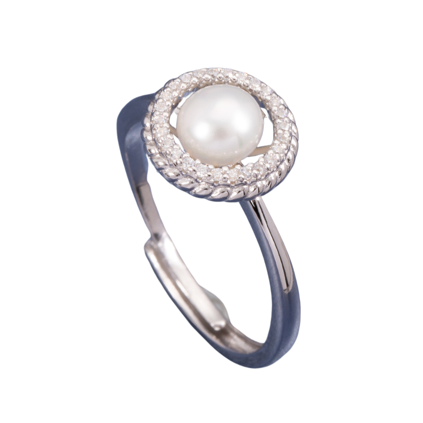 S925 Sterling Silver Freshwater Pearl C/Z Halo Open Adjustable Ring