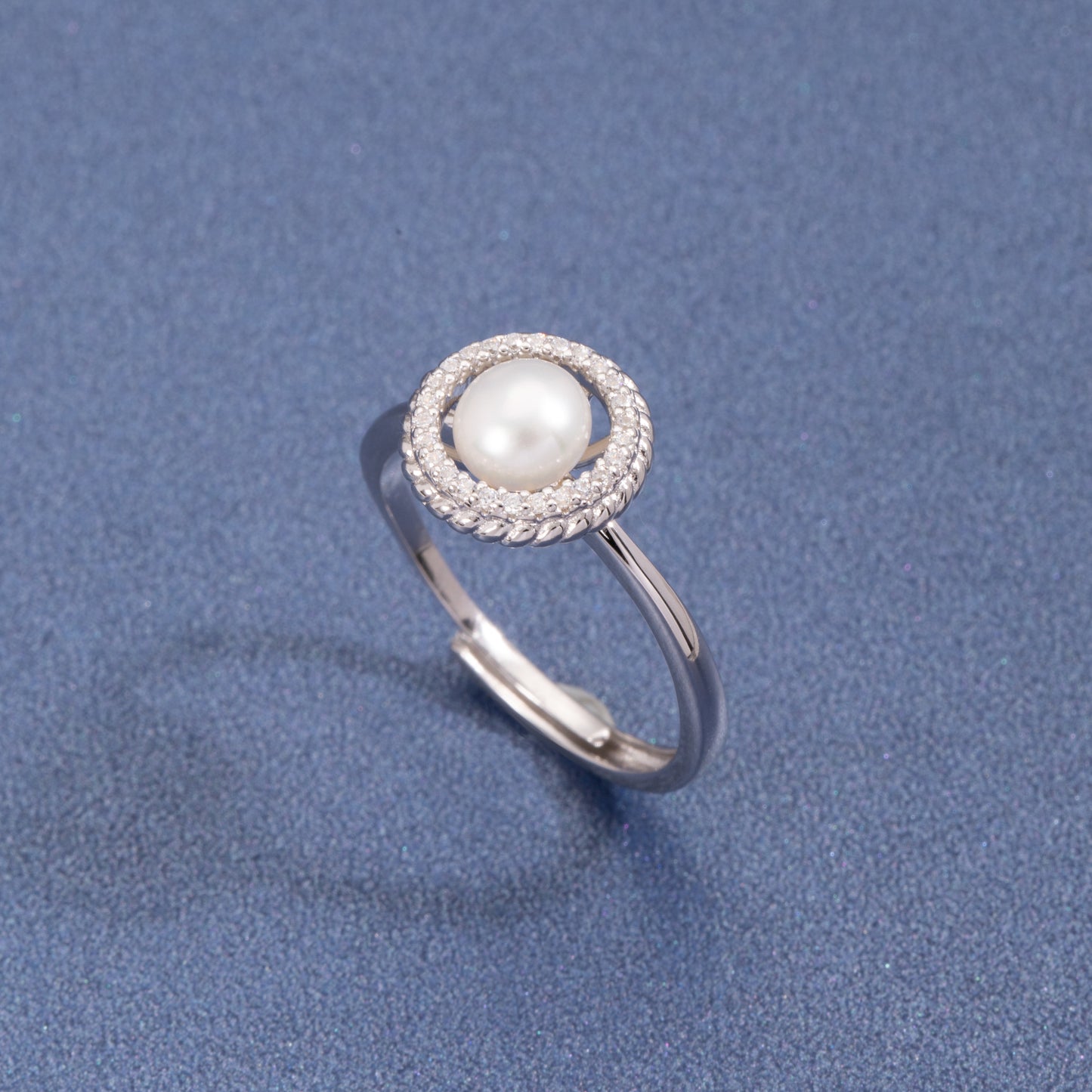 S925 Sterling Silver Freshwater Pearl C/Z Halo Open Adjustable Ring