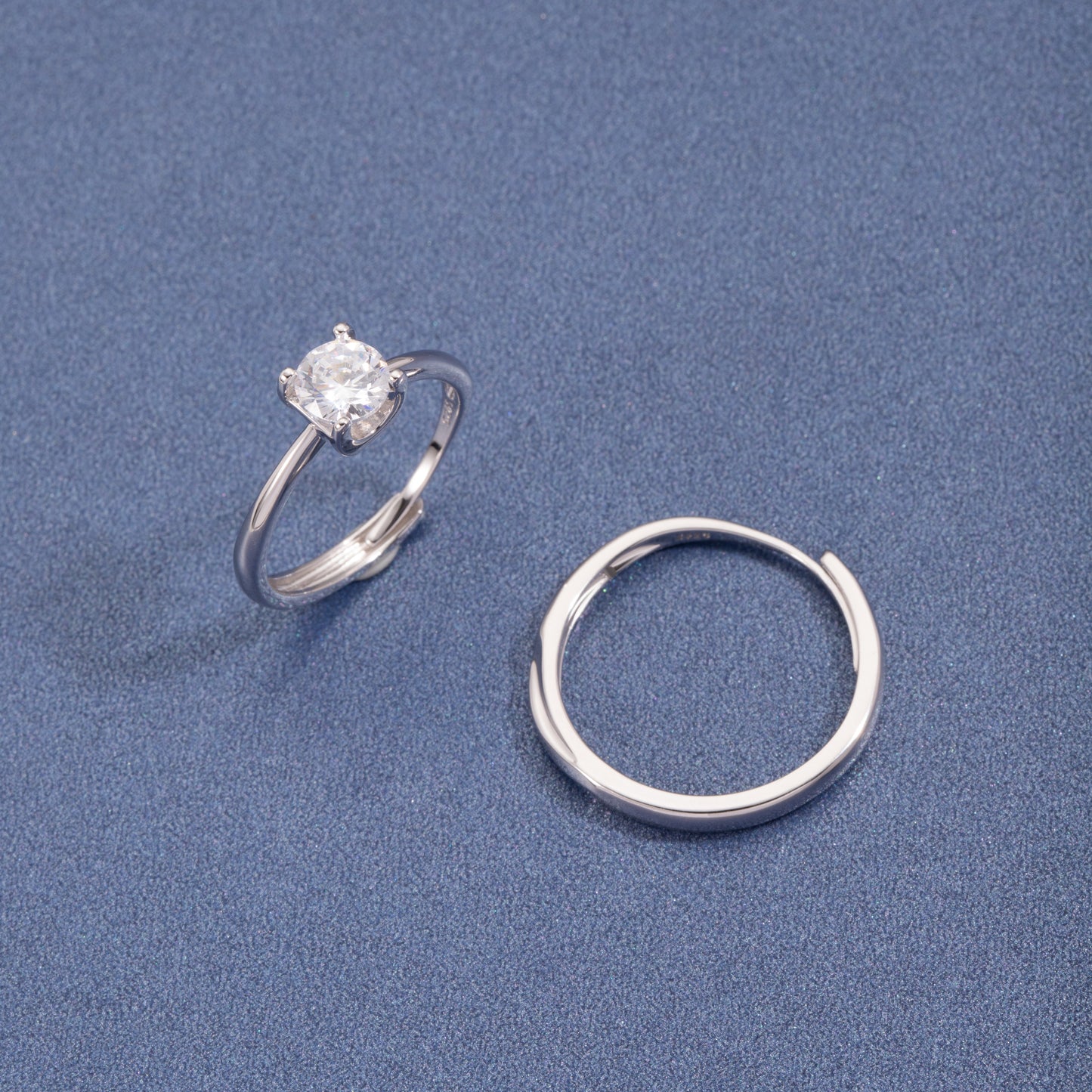 Sterling Silver Solitaire Double Rings C/Z Open Adjustable Ring 2pcs For Couple