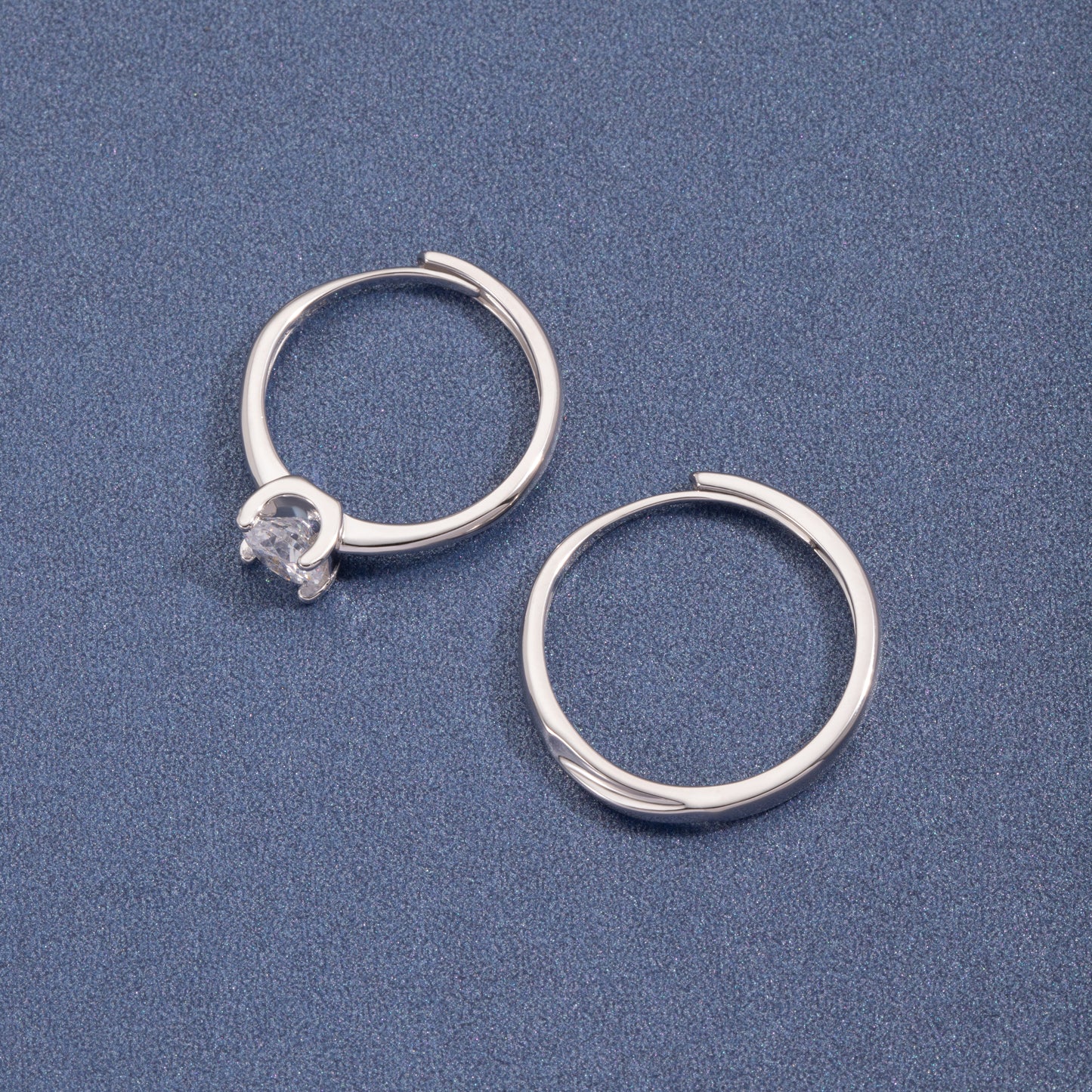 Sterling Silver Solitaire Double Rings C/Z Open Adjustable Ring 2pcs For Couple