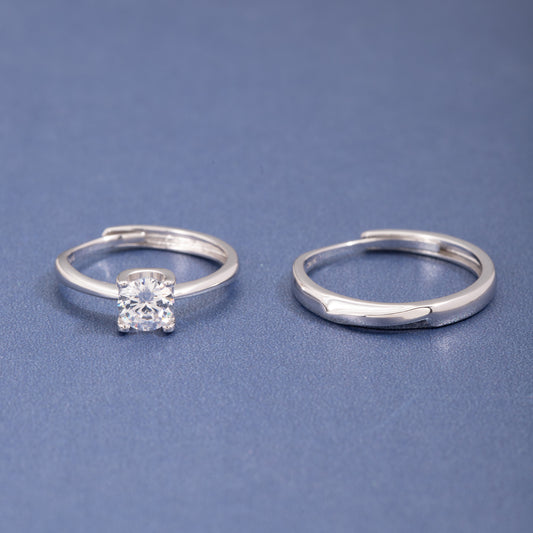 Sterling Silver Solitaire Double Rings C/Z Open Adjustable Ring 2pcs For Couple