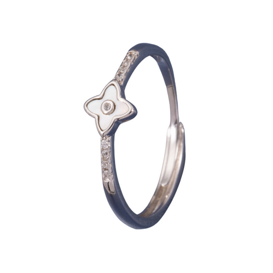 S925 Sterling Silver Clover Four Leaf C/Z Open Adjustable Ring