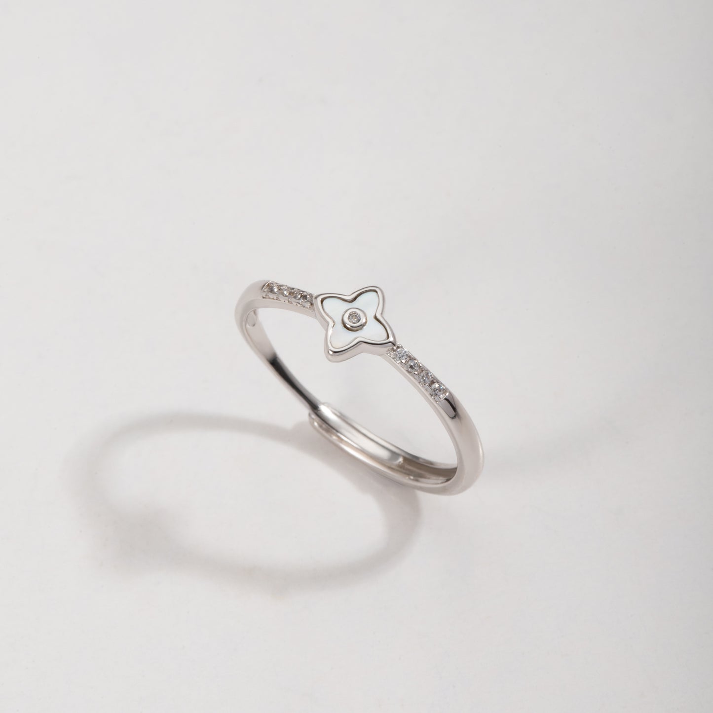S925 Sterling Silver Clover Four Leaf C/Z Open Adjustable Ring
