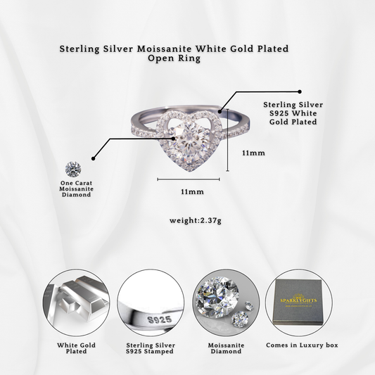 Sterling Silver Halo Heart Moissanite Ring One carat Open Adjustable Ring