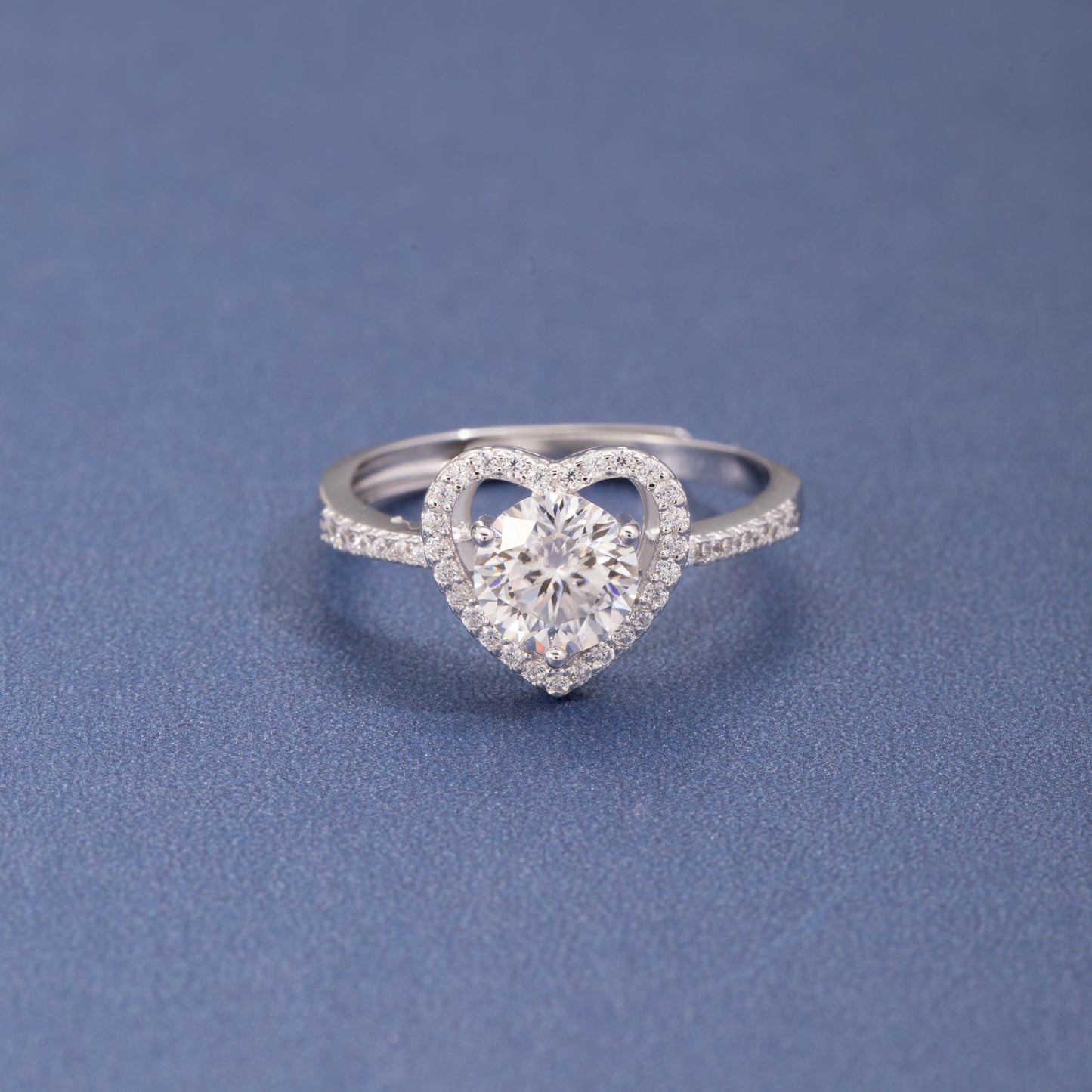 Sterling Silver Halo Heart Moissanite Ring One carat Open Adjustable Ring