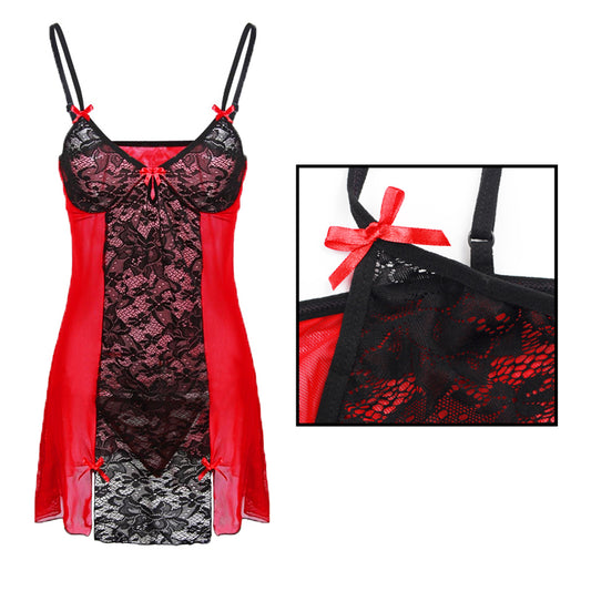 Black and Red Floral Lace Babydoll with a G-string Set