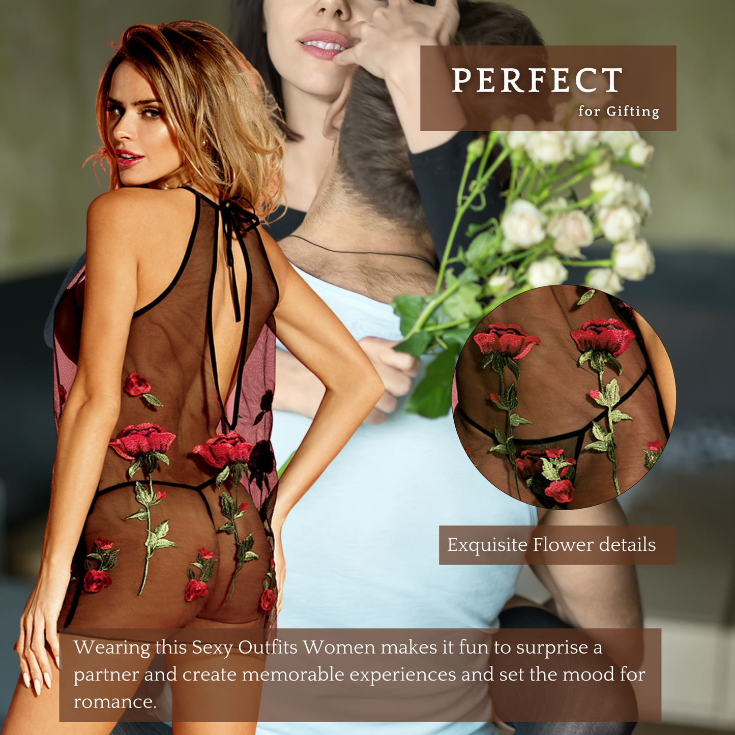 Floral Lace Dress With G-string & Nipple Covers Set