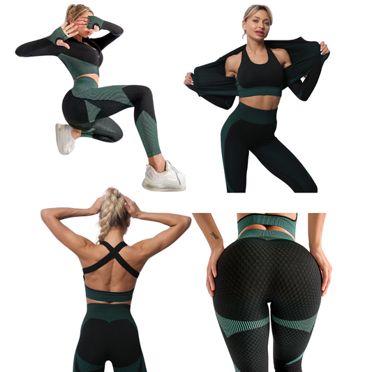 3 Pieces Yoga Gym Set Women Fitness Suit Leggings Jacket Bra in Dark Green & Black