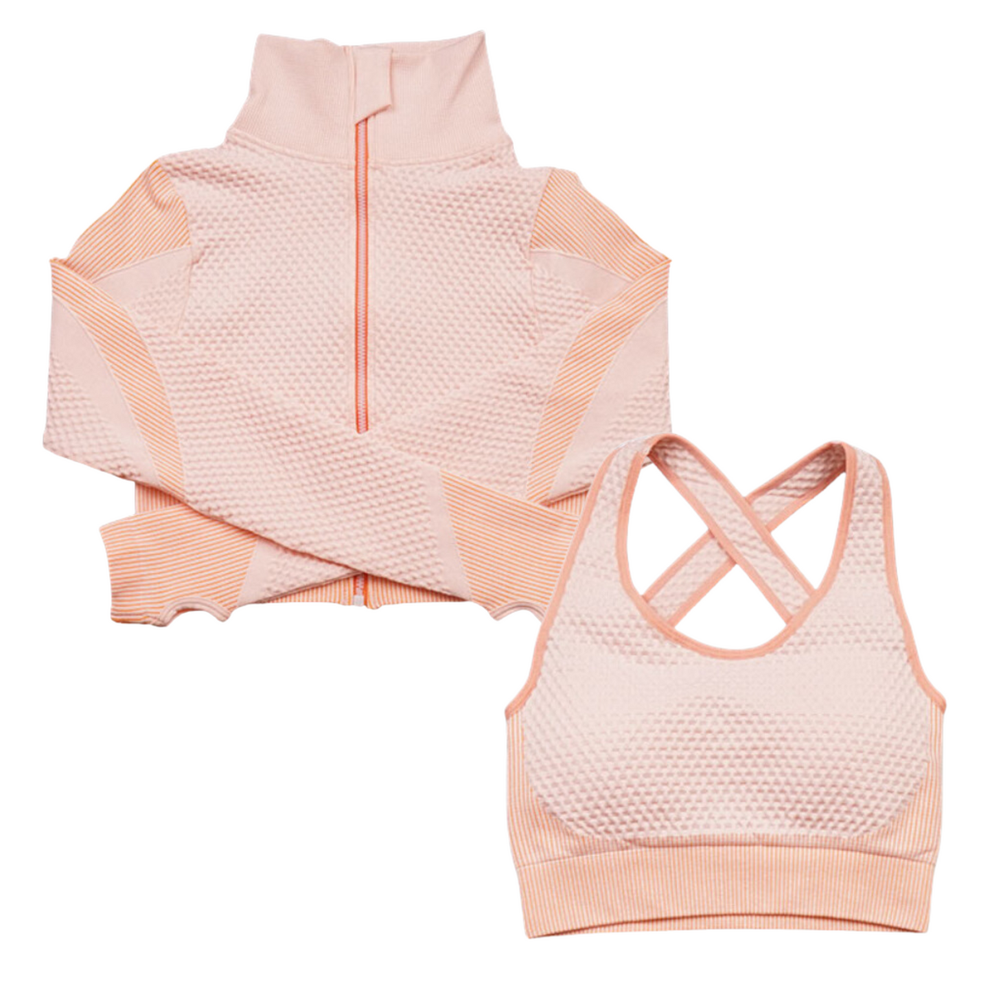 3 Pieces Yoga Gym Set Women Fitness Suit Leggings Jacket Bra in Peach