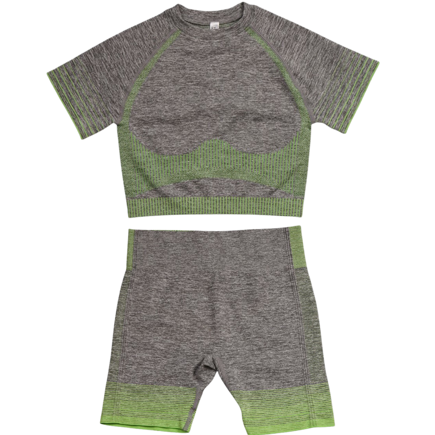 Seamless High Quality Stretchy Yoga Activewear Gym Suit 2pcs Set Grey & Green - Top and Shorts