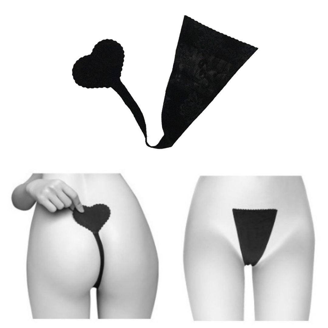Black Strapless C-String Panties with Lace Heart Design