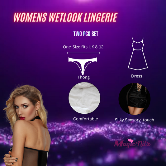 Black Wet-Look Corset Front Dress and a Thong Set