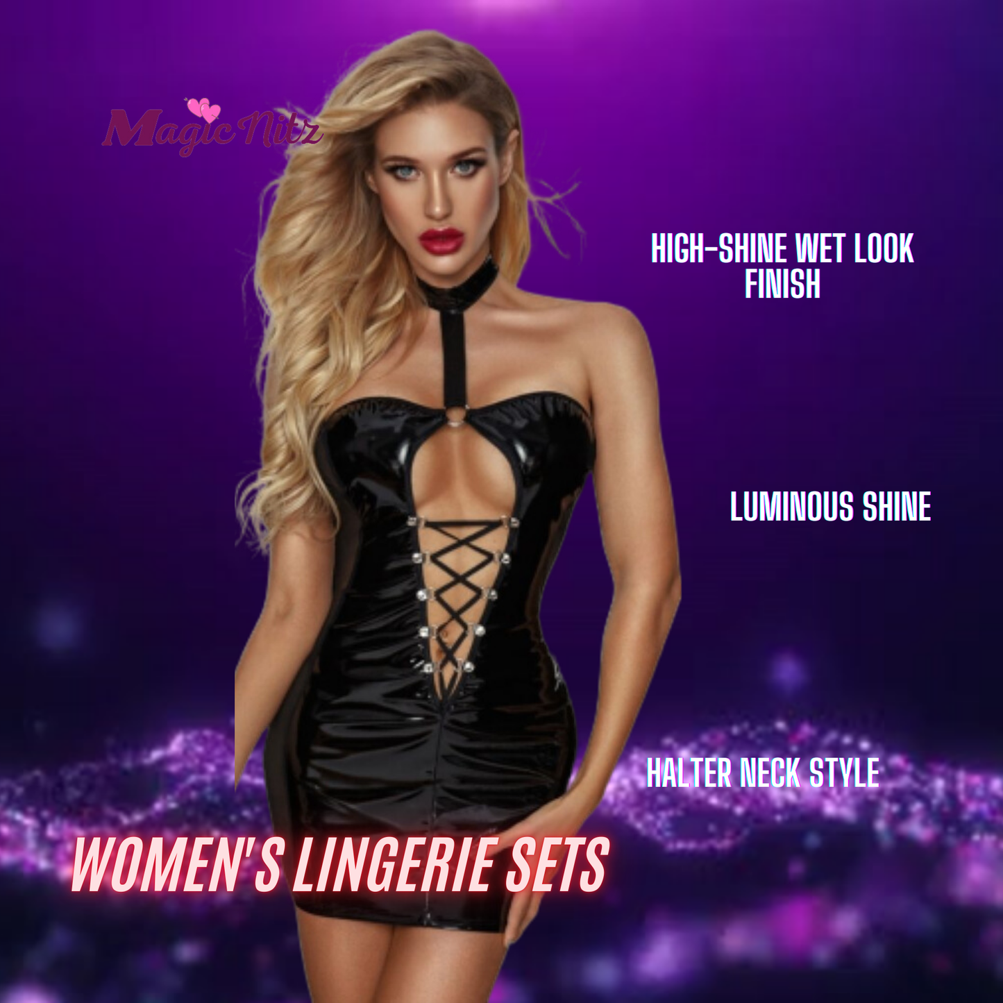 Black Wet-Look Corset Front Dress and a Thong Set