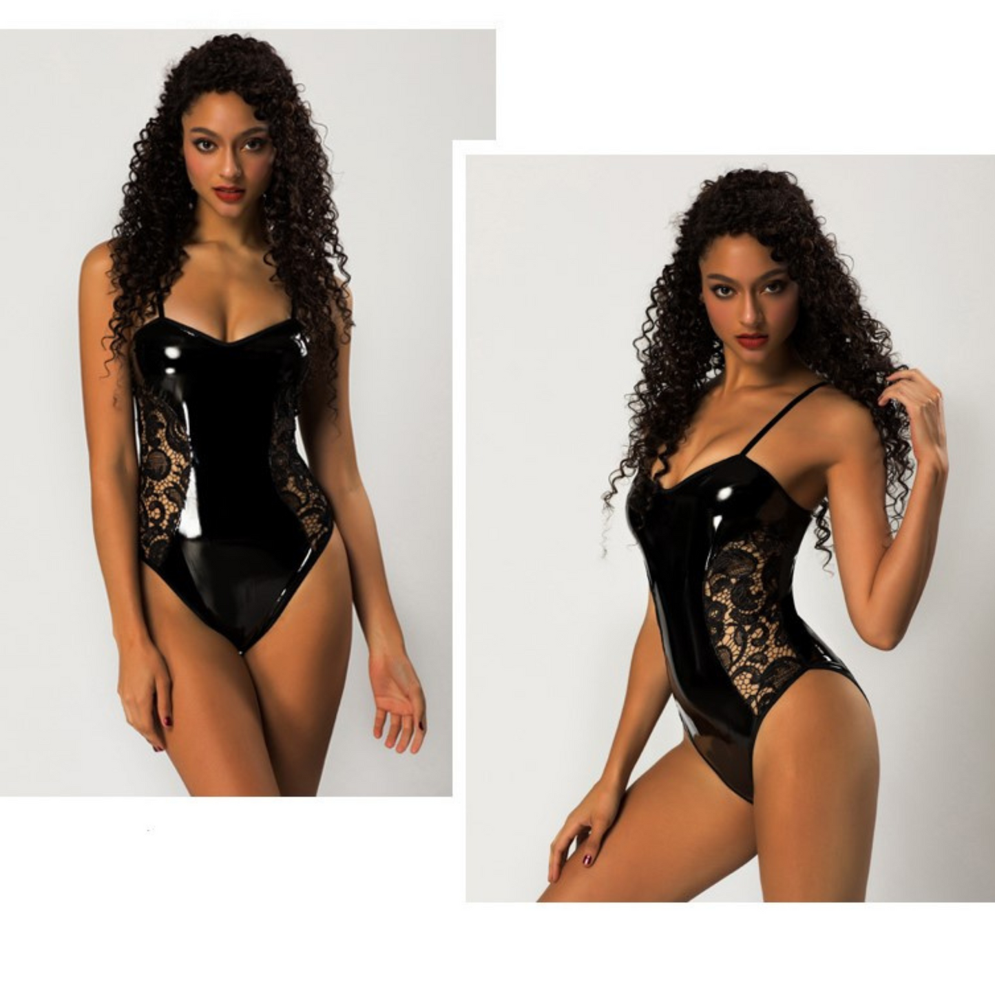 Sexy Wet Look Bodysuit with Lace Sides