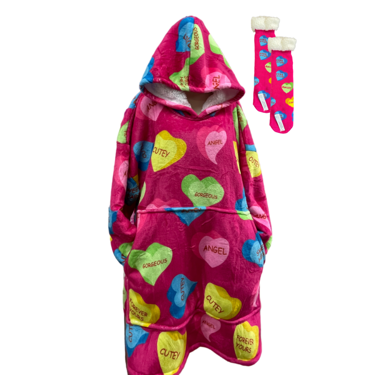 Oversized Reindeer Family Hoodies and Footsie Slipper Socks Set Keep Warm Blanket