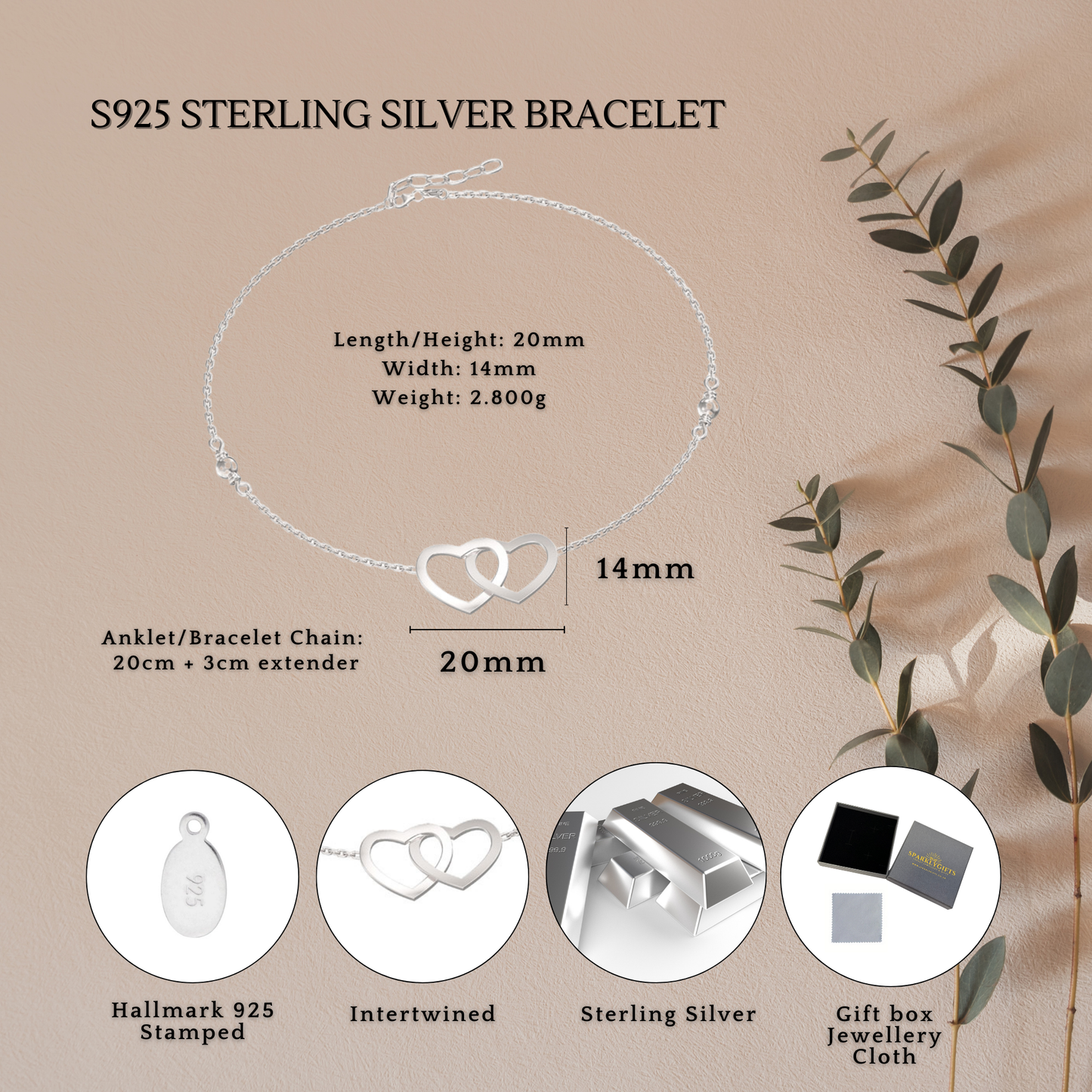 Sterling Silver Intertwined Heart Anklet Bracelet S925 with Hallmark