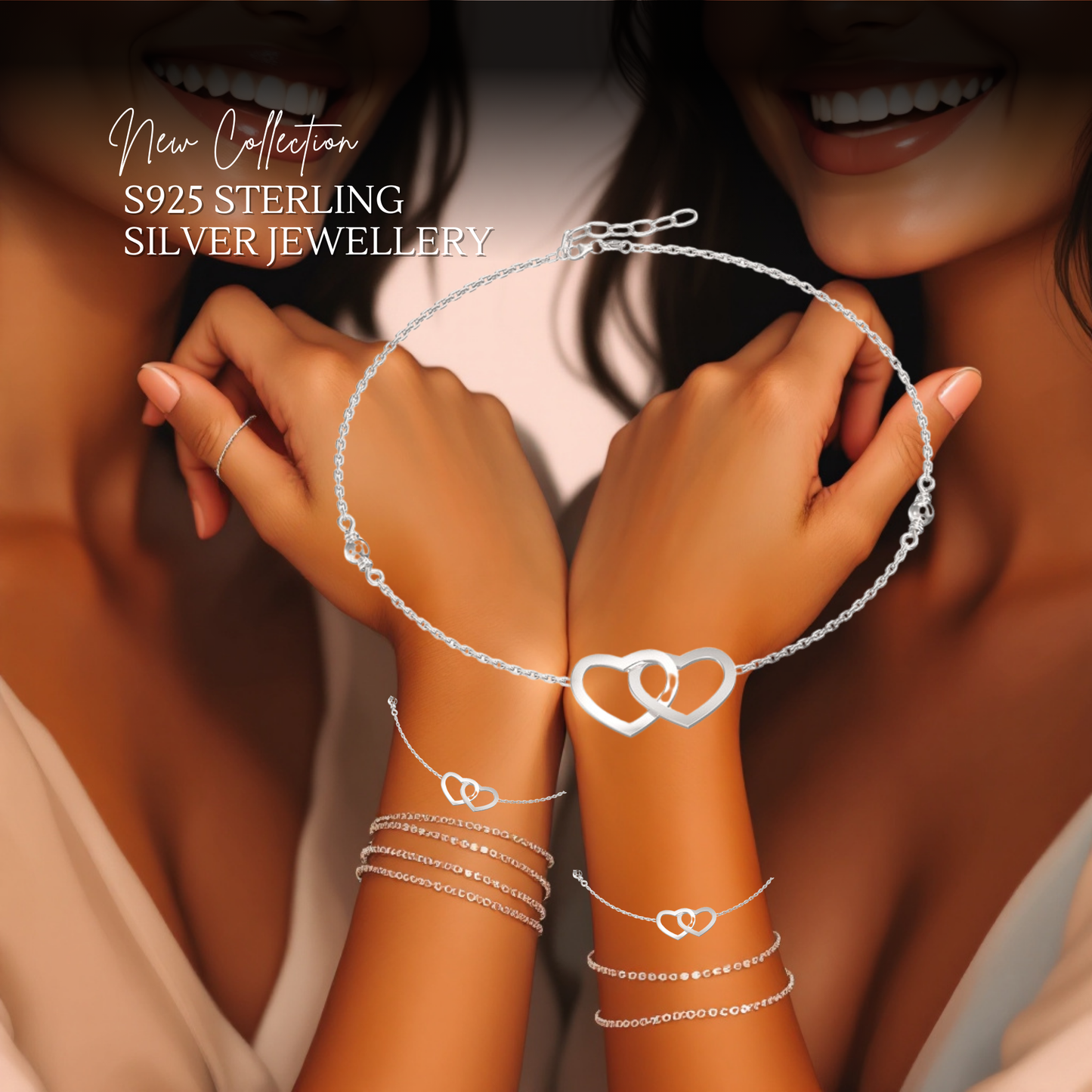 Sterling Silver Intertwined Heart Anklet Bracelet S925 with Hallmark