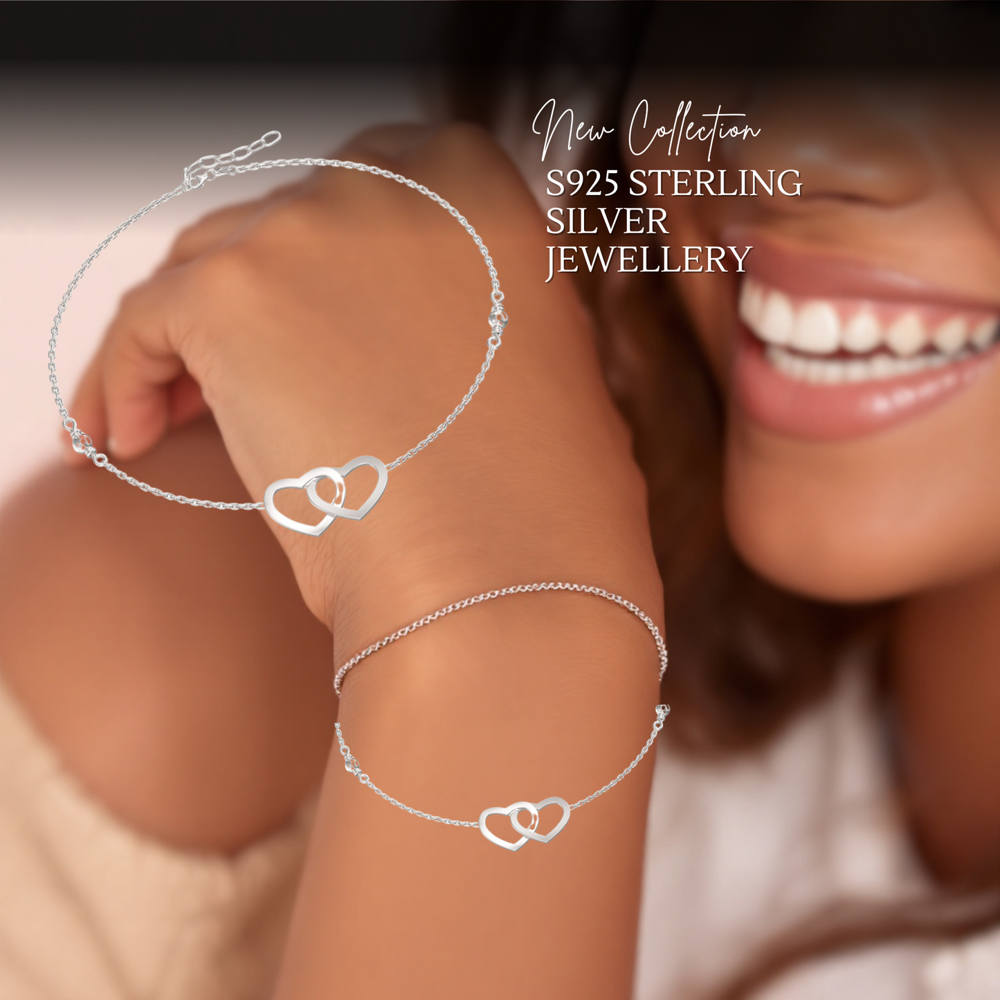 Sterling Silver Intertwined Heart Anklet Bracelet S925 with Hallmark
