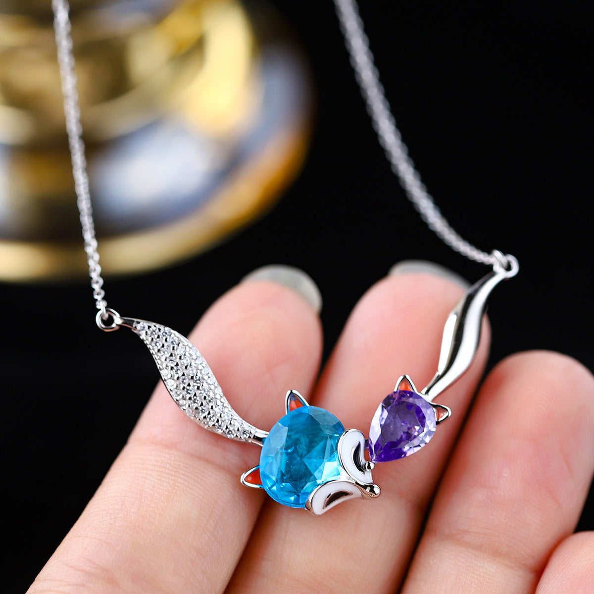 Sterling Silver Playful Fox C/Z Pendant Necklace